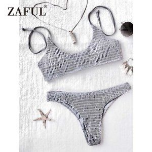 Zaful Gray Smocked Bikini